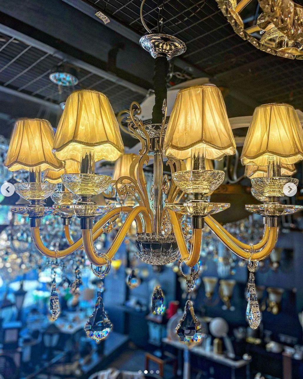 The Te Amo crystal hanging light/ chandelier with fabric lampshades