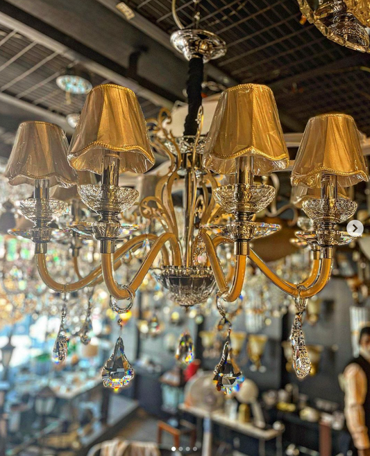 The Te Amo crystal hanging light/ chandelier with fabric lampshades