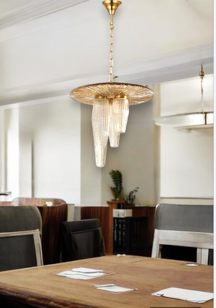 Luce Dorata crinkle amber glass with hanging light/ chandelier