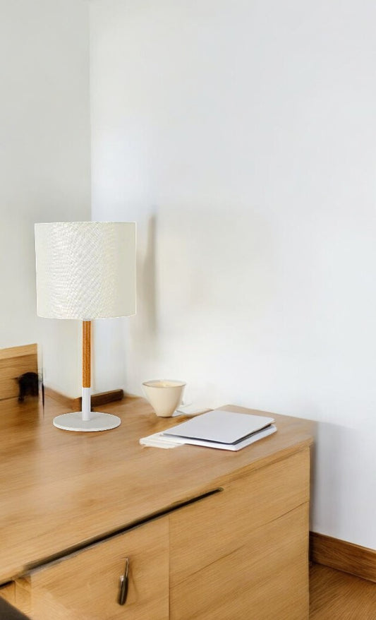 The Light Wood small modern table lamp with white fabric shade